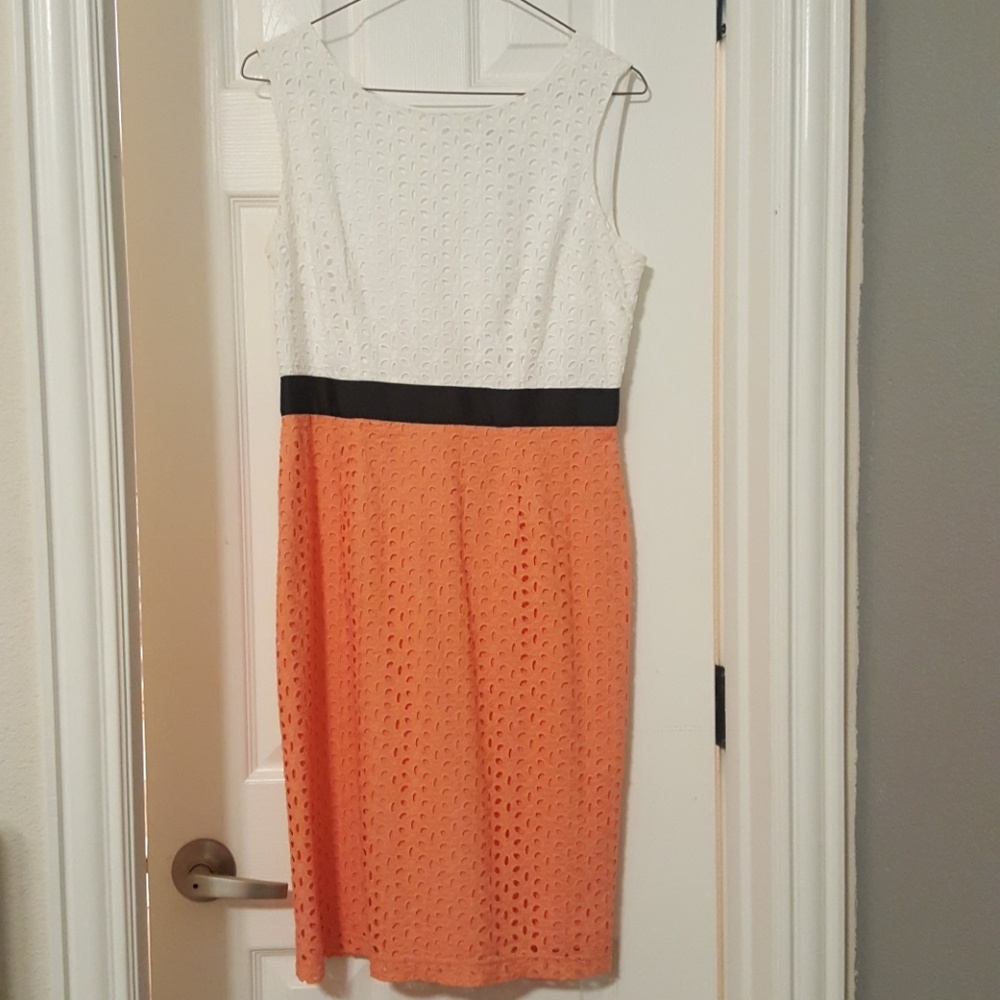 Eyelet lace coral and white dress with black waist